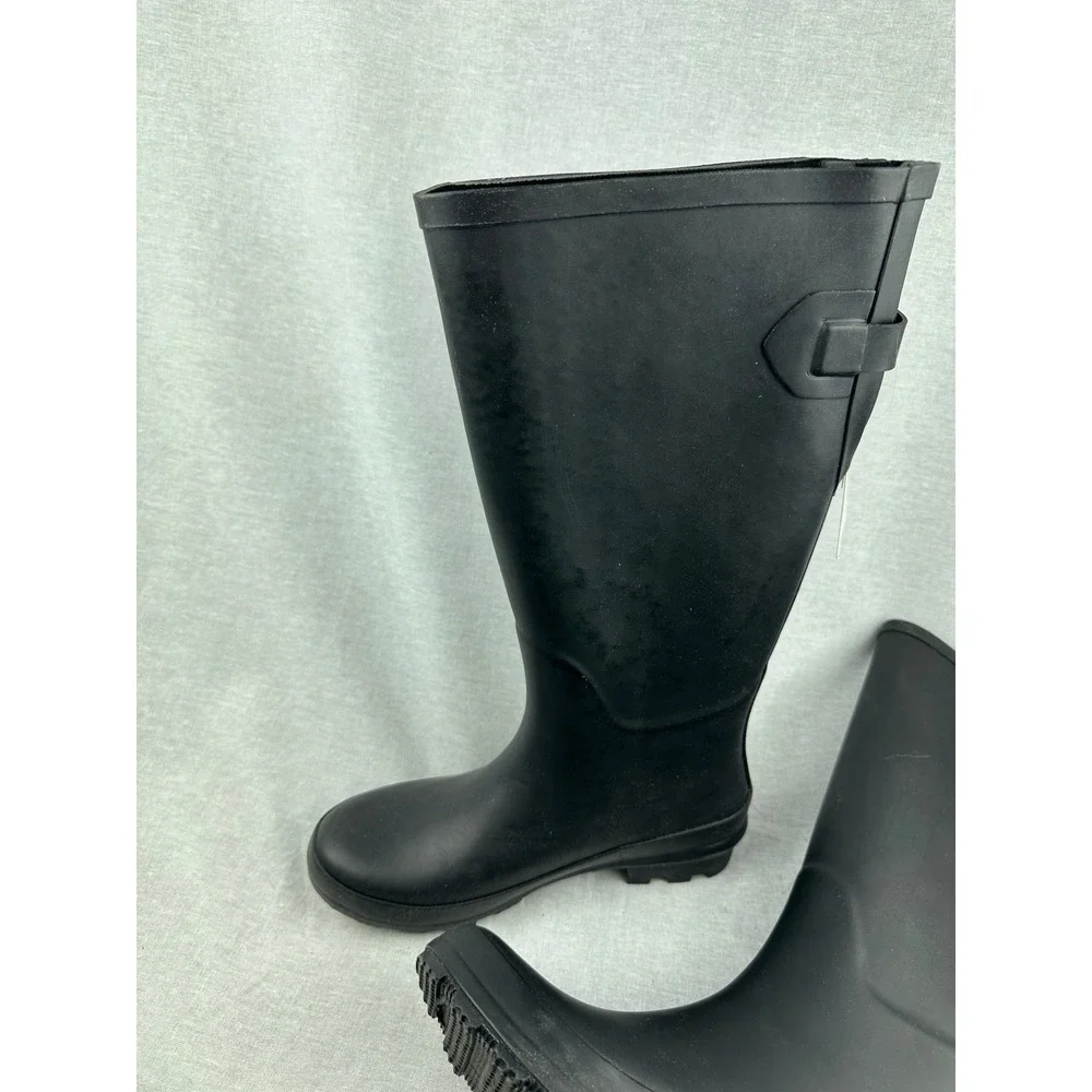 A New Day Women Black Rubber Rain Boots Matte Tall Waterproof Side Buckle Size 7